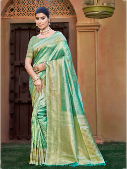 Sangam Prints - Green Kanjivaram Silk Traditional Saree with Unstitched Blouse