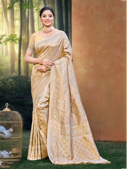 Sangam Prints - Beige Kanjivaram Silk Traditional Saree with Unstitched Blouse