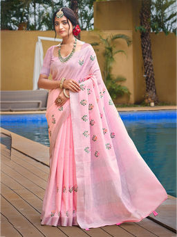 Sangam Prints - Light Pink Linen Traditional Saree with Unstitched Blouse
