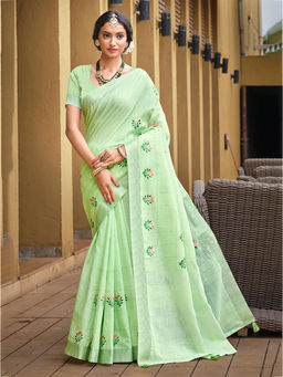Sangam Prints - Green Linen Traditional Saree with Unstitched Blouse