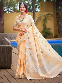 Sangam Prints - Beige Linen Traditional Saree with Unstitched Blouse