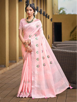 Sangam Prints - Light Pink Linen Traditional Saree with Unstitched Blouse