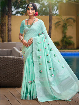 Sangam Prints - Sky Green Linen Traditional Saree with Unstitched Blouse