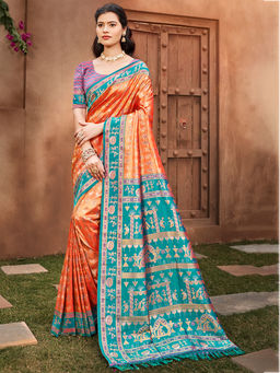 Sangam Prints - Orange Kanjivaram Silk Traditional Saree with Unstitched Blouse