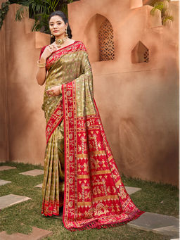 Sangam Prints - Beige Kanjivaram Silk Traditional Saree with Unstitched Blouse