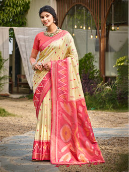 Sangam Prints - Cream Silk Traditional Saree with Unstitched Blouse