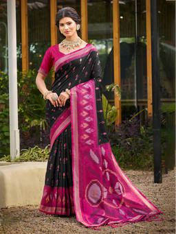 Sangam Prints - Black Silk Traditional Saree with Unstitched Blouse