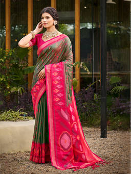 Sangam Prints - Olive Silk Traditional Saree with Unstitched Blouse