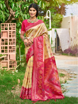 Sangam Prints - Cream Silk Traditional Saree with Unstitched Blouse