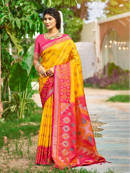 Sangam Prints - Yellow Silk Traditional Saree with Unstitched Blouse