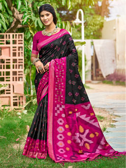 Sangam Prints - Black and Pink Silk Traditional Saree with Unstitched Blouse