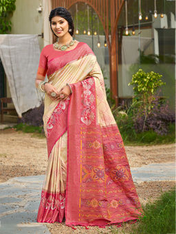 Sangam Prints - Cream Silk Traditional Saree with Unstitched Blouse