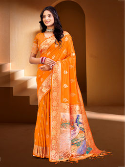 Sangam Prints - Orange Silk with Digital Traditional Saree with Unstitched Blouse