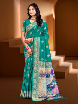 Sangam Prints - Teal Silk with Digital Traditional Saree with Unstitched Blouse