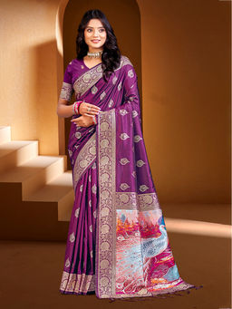 Sangam Prints - Dark Wine Silk with Digital Traditional Saree with Unstitched Blouse