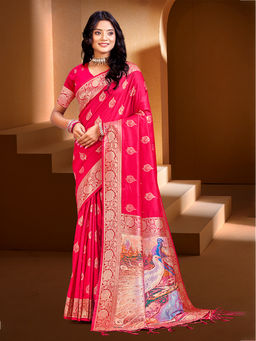 Sangam Prints - Magenta Silk with Digital Traditional Saree with Unstitched Blouse