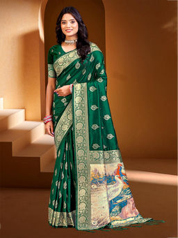 Sangam Prints - Dark Green Silk with Digital Traditional Saree with Unstitched Blouse