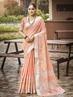 Sangam Prints - Peach Silk Traditional Saree with Unstitched Blouse