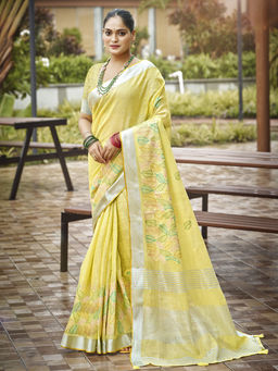 Sangam Prints - Yellow Silk Traditional Saree with Unstitched Blouse