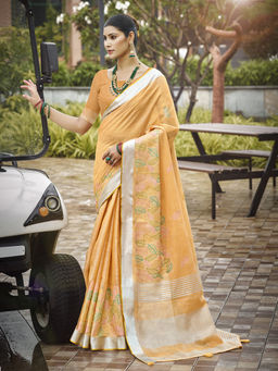 Sangam Prints - Light Orange Silk Traditional Saree with Unstitched Blouse