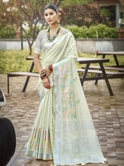 Sangam Prints - Off-White Silk Traditional Saree with Unstitched Blouse