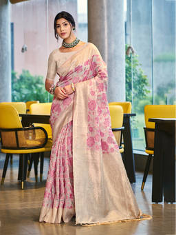 Sangam Prints - Pink Cotton Silk Traditional Saree with Unstitched Blouse