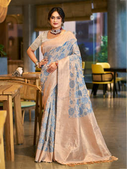 Sangam Prints - Sky Blue Cotton Silk Traditional Saree with Unstitched Blouse
