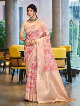 Sangam Prints - Pastel Pink Cotton Silk Traditional Saree with Unstitched Blouse