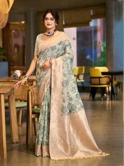 Sangam Prints - Green Cotton Silk Traditional Saree with Unstitched Blouse