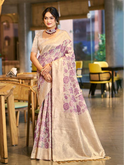 Sangam Prints - Purple Cotton Silk Traditional Saree with Unstitched Blouse