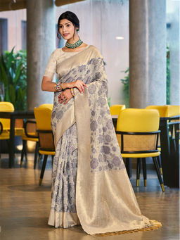 Sangam Prints - Light Grey Cotton Silk Traditional Saree with Unstitched Blouse