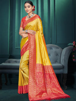 Sangam Prints - Yellow Kanjivaram Silk Traditional Saree with Unstitched Blouse