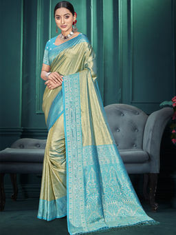 Sangam Prints - Turquoise Kanjivaram Silk Traditional Saree with Unstitched Blouse