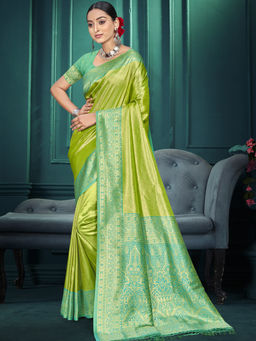 Sangam Prints - Green Kanjivaram Silk Traditional Saree with Unstitched Blouse