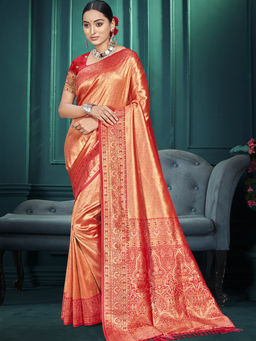 Sangam Prints - Orange Kanjivaram Silk Traditional Saree with Unstitched Blouse