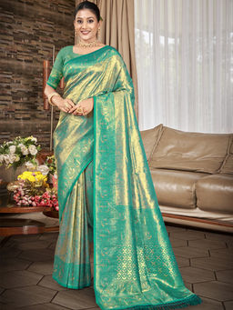 Sangam Prints - Green Kanjivaram Silk Traditional Saree with Unstitched Blouse