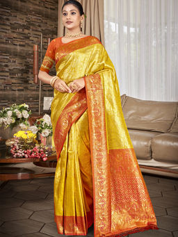 Sangam Prints - Yellow Kanjivaram Silk Traditional Saree with Unstitched Blouse