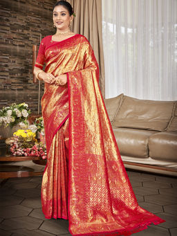 Sangam Prints - Red Golden Kanjivaram Silk Traditional Saree with Unstitched Blouse
