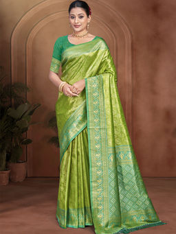 Sangam Prints - Green Kanjivaram Silk Traditional Saree with Unstitched Blouse