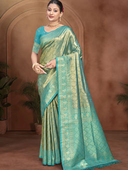 Sangam Prints - Deep Teal Kanjivaram Silk Traditional Saree with Unstitched Blouse