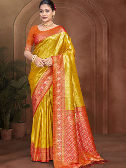 Sangam Prints - Marigold Yellow Kanjivaram Traditional Saree with Unstitched Blouse
