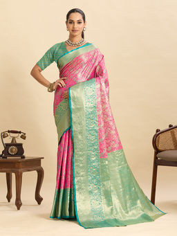 Suha - Pink Colour Woven Art Silk Kanjivaram Saree with Unstitched Blouse