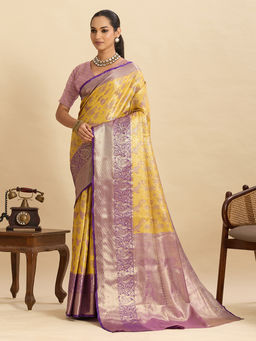Suha - Yellow Colour Woven Art Silk Kanjivaram Saree with Unstitched Blouse