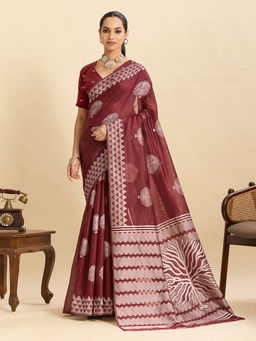 Suha - Maroon Colour Woven Art Silk Kanjivaram Saree with Unstitched Blouse