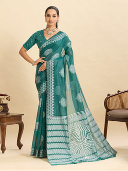 Suha - Rama Green Colour Woven Art Silk Kanjivaram Saree with Unstitched Blouse