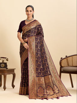 Suha - Wine Colour Woven Art Silk Kanjivaram Saree with Unstitched Blouse