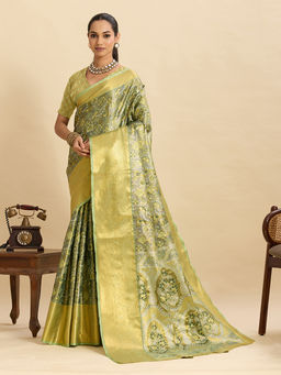 Suha - Parrot Green Colour Woven Art Silk Kanjivaram Saree with Unstitched Blouse