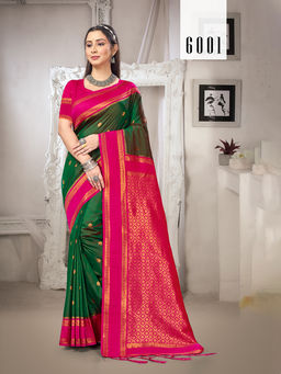Sangam Prints - Green Silk Traditional Saree with Unstitched Blouse