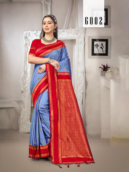 Sangam Prints - Blue Silk Traditional Saree with Unstitched Blouse