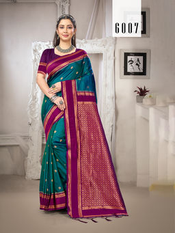 Sangam Prints - Teal Blue Silk Traditional Saree with Unstitched Blouse